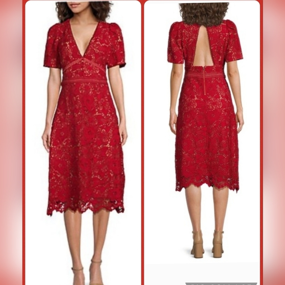 Adelyn Rae Red Lace Mod Illusion Midi Dress Womens Size Large New